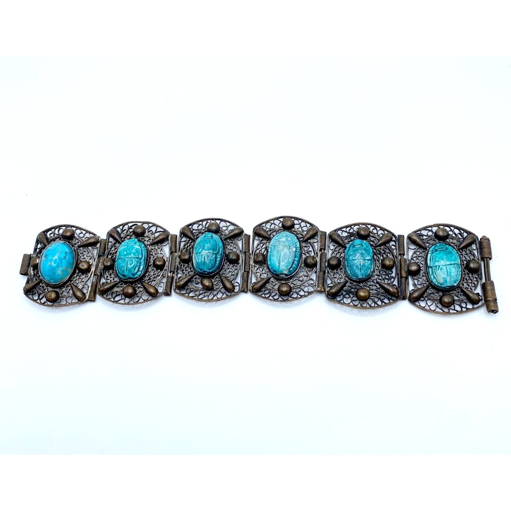 Vintage Egyptian Revival Scarab Brass Panel Bracelet Blue Faience Boho 7" READ
